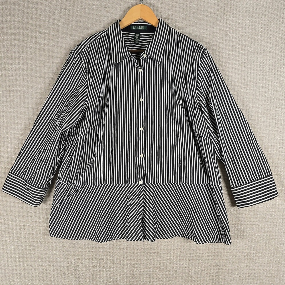 Lauren Ralph Lauren Striped Peplum Button Down Shirt Navy White Plus Size 20W